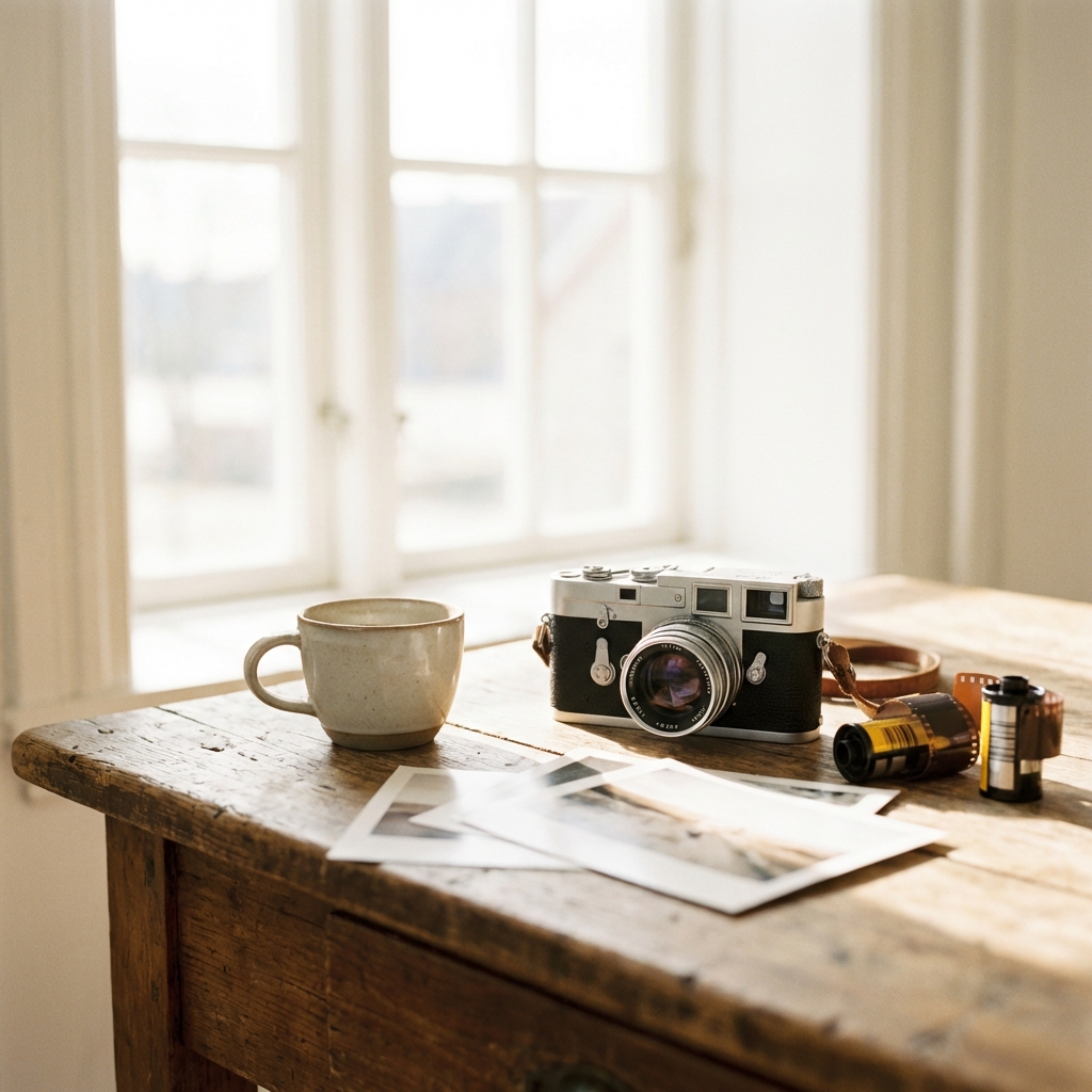 Sunny desk with camera
